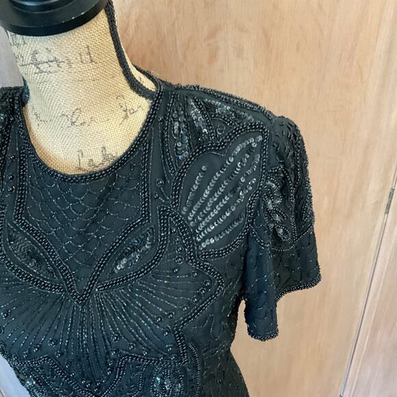 Vintage Adriana Papel evening black beaded sequin silk midi dress cocktail sz 8 - Picture 6 of 16